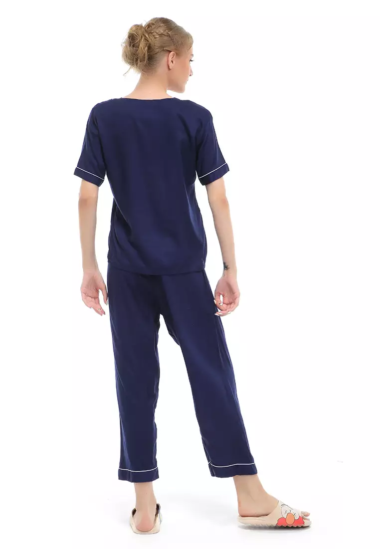 Vance Piyama Setelan Baju Tidur Wanita Lengan Pendek Material Rayon ORIGINAL - Navy