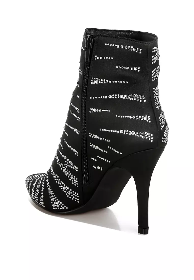 Sepatu Bot Pesta Satin Rhinestone Ankle Warna Hitam