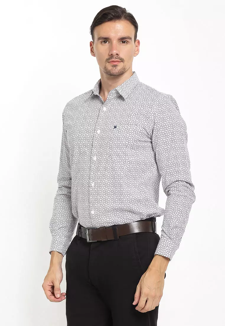 Johnwin - Slim Fit - Kemeja Formal - Print Pattern - Putih - FSH.650.K386.673.C-L/S - Free Keychain