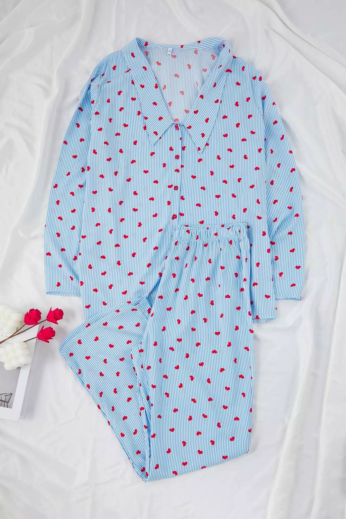 Blue Line&Heart Pattern Shirt Collar Woven Pajamas Set Tbbaw26Ai00029