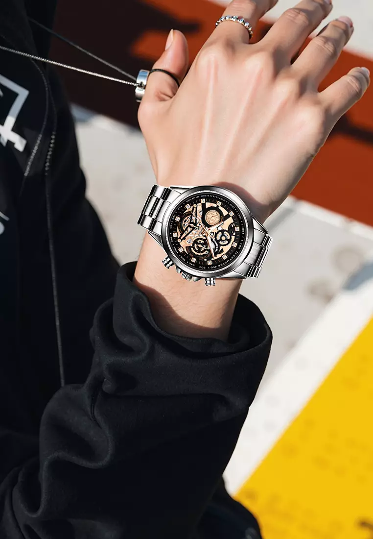 Jam Tangan Pria 3352 Bercahaya Dial Berongga Santai Mode Tali Stainless Steel Kalender Jam Tangan Cowok silver