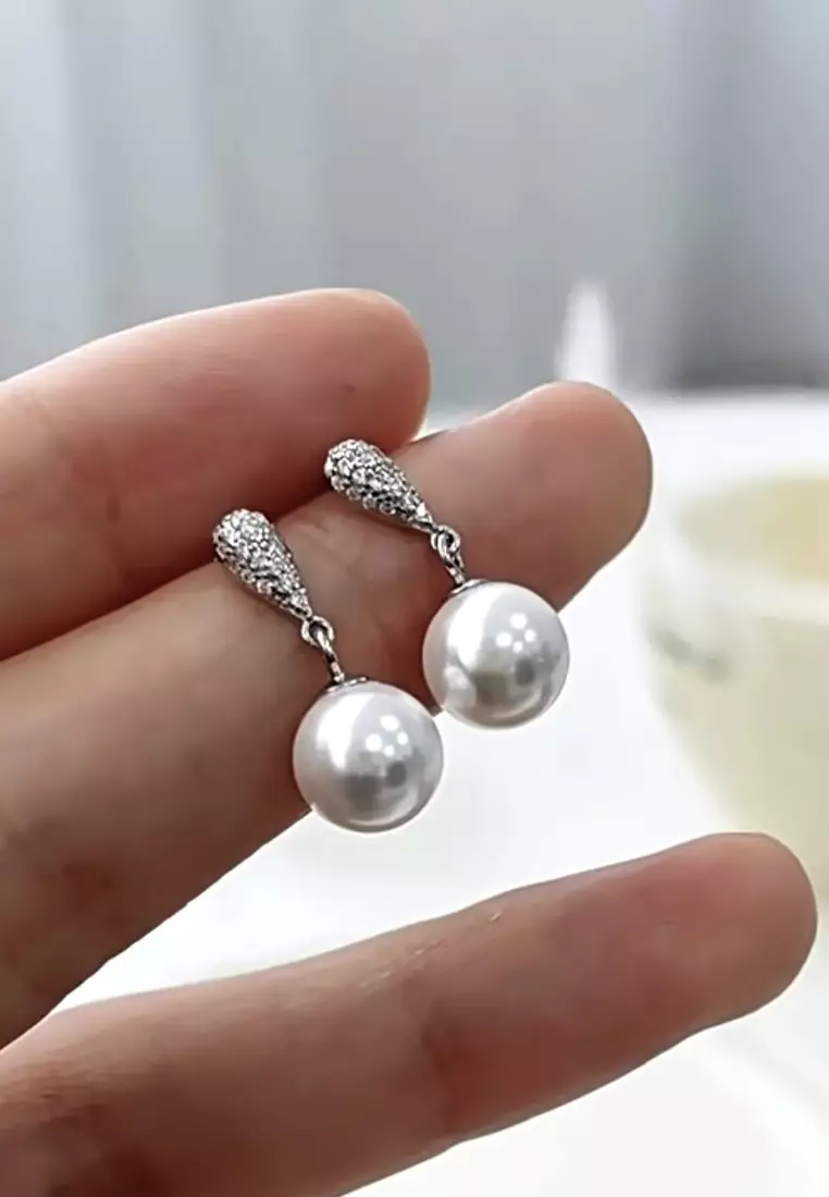 925 Silver Zircon Waterdrop Faux Pearl Earrings JW AR-M05101