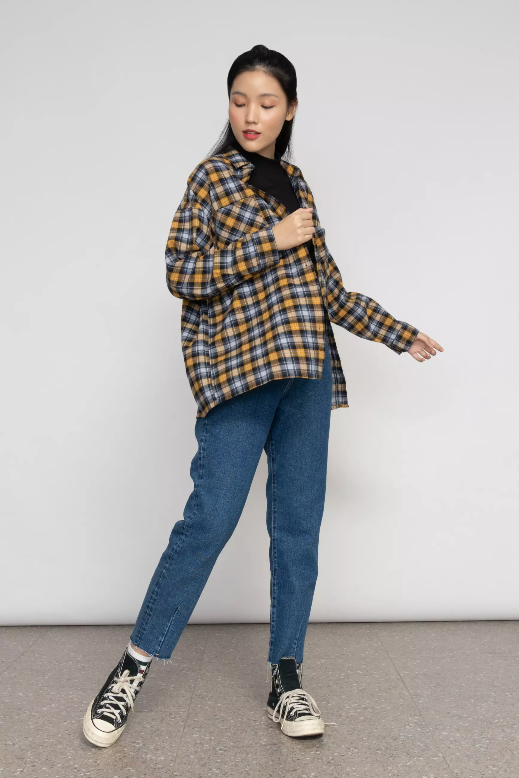 Kemeja Wanita Flanel Kim Navy Yellow