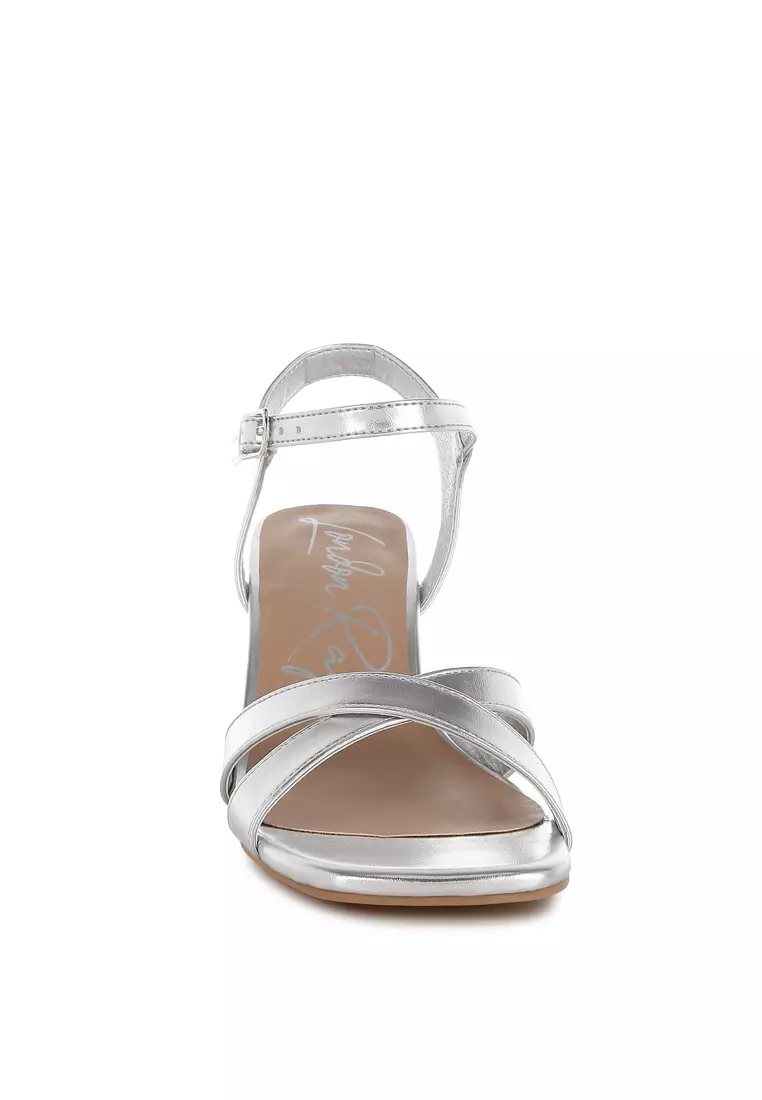 Square Toe Block Heel Sandals in Silver