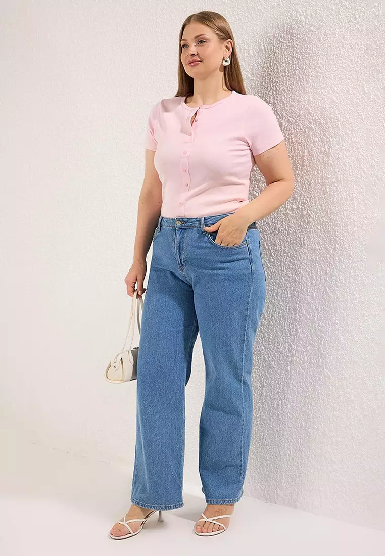 Pink Button Detailed Fitted Cord Knitted Large Size Blouse Tbbss25Af00060