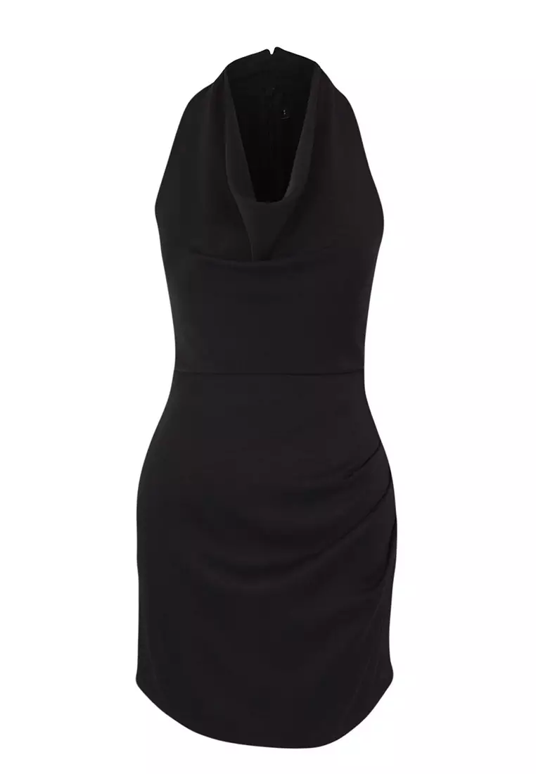 Black Cowl Neck Satin Mini Woven Dress
