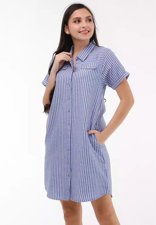 Woven Printed Stripes Short Sleeves Dress