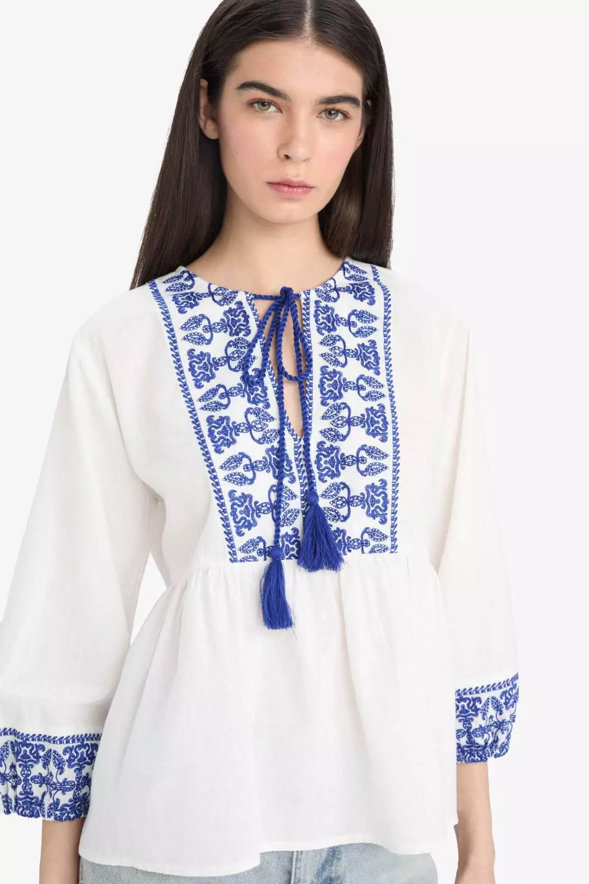 Regular Fit Crew Neck Linen Look Long Sleeve Blouse E6527Ax25Sm