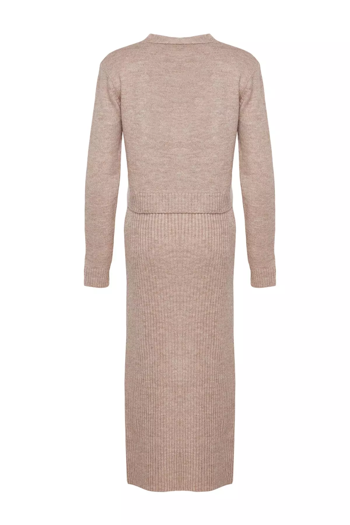 Light Brown Corded Soft Textured Knitwear Dress Cardigan Suit TCTAW25US00049