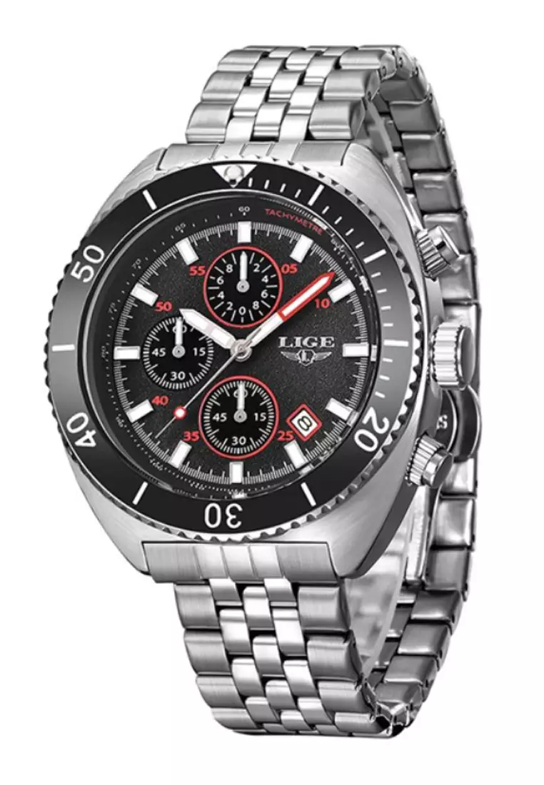 Unisex Chronograph Diver's Stainless Steel Quartz Watch with turning Bezel on Steel Bracelet
