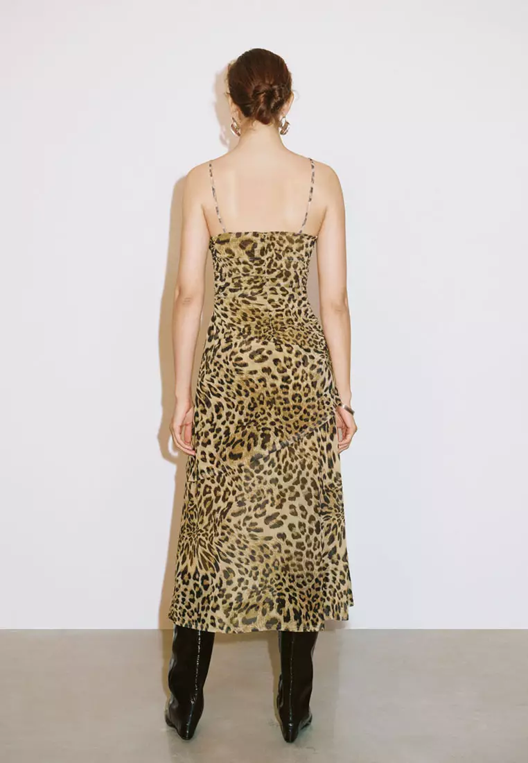 UR春季新款女时髦褶皱收腰豹纹印花吊带连衣裙UWJ750002