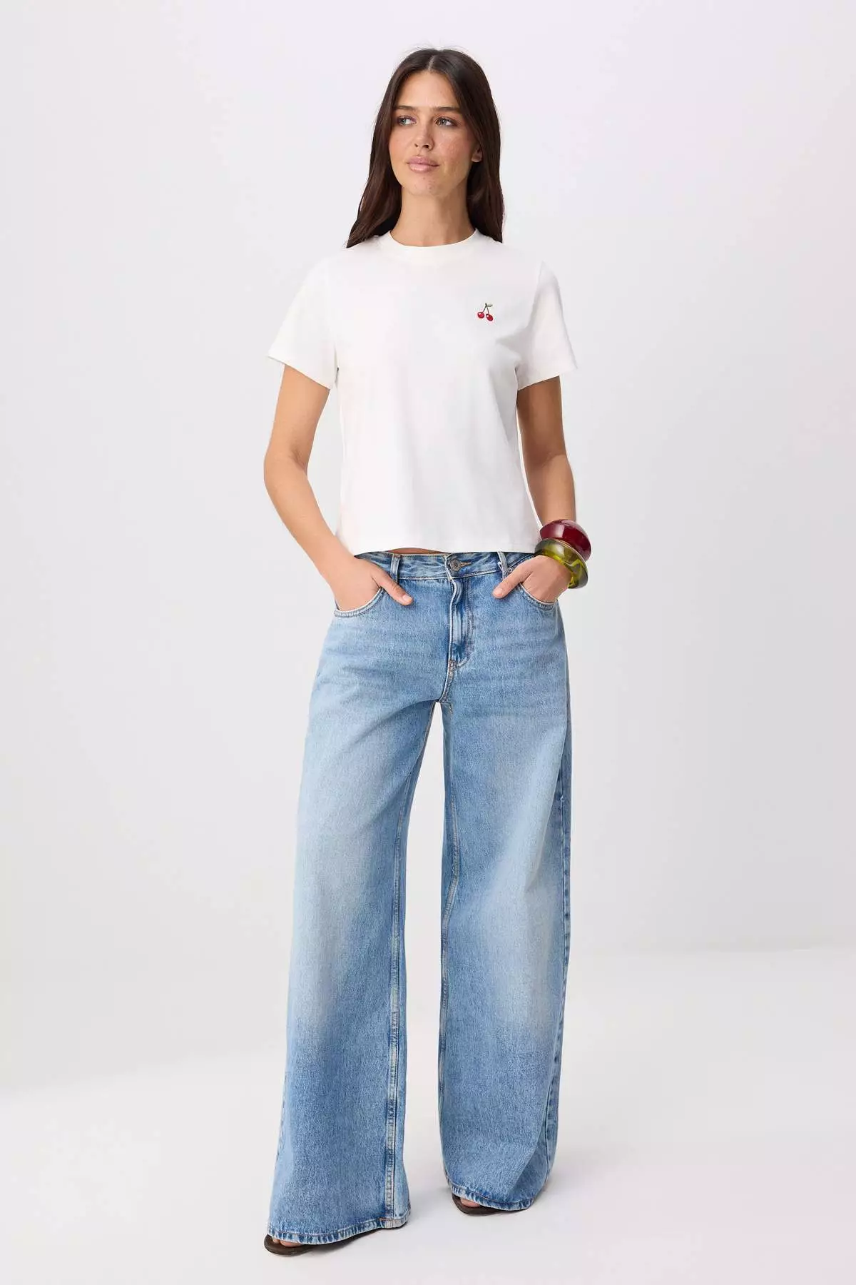 Ecru Embroidered Regular/Normal Fit Short Sleeve 1% Cotton Knitted T-Shirt Twoss26Ts124