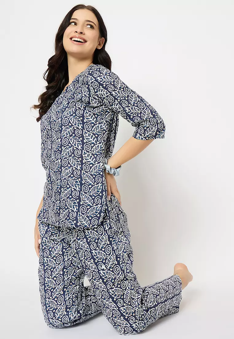 Clovia Leaf Print Top & Pyjama Set in Navy - Rayon