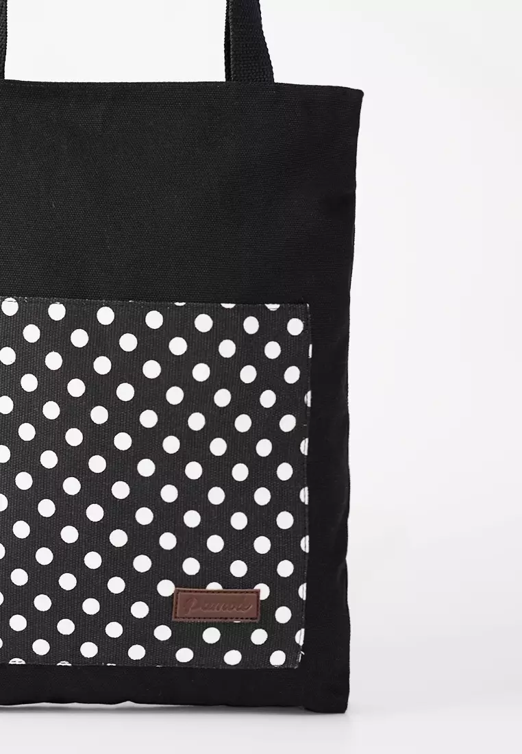 Tote Bag Tas Wanita Bahan Kanvas Penutup Resleting Anna Polkadot