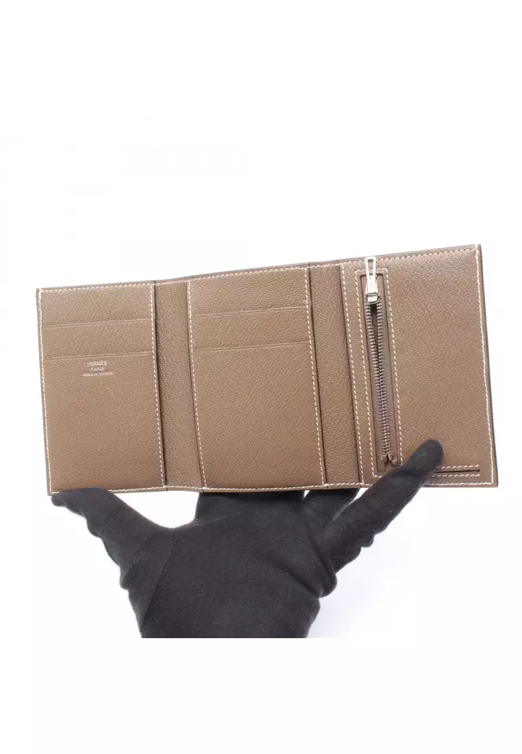 Pre-Loved Hermès Bearn Combination Etoupe trifold wallet Chevre Gray brown silver hardware Z stamp