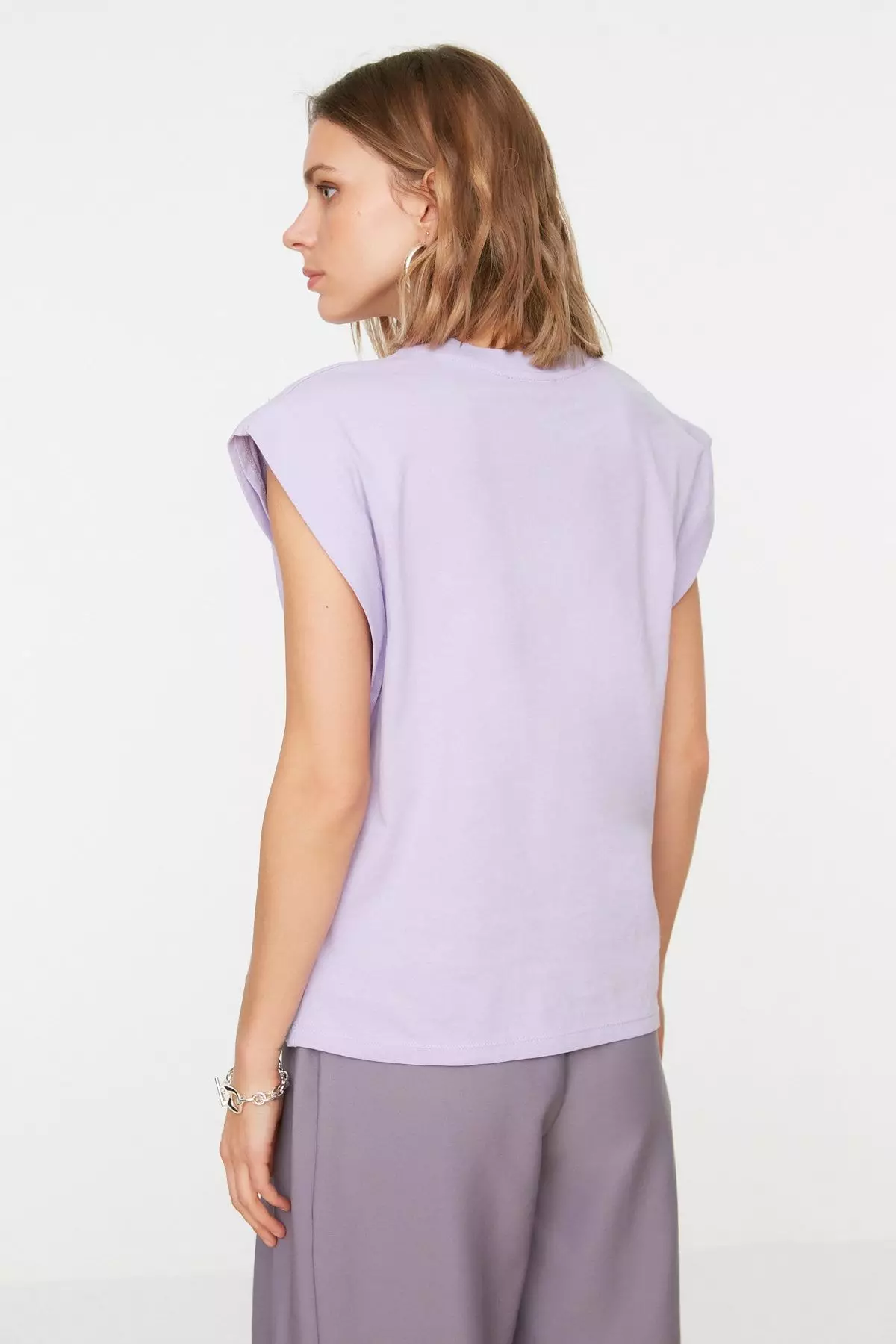 Lilac 100% Cotton Wadding Look Basic Crew Neck Knitted T-Shirt TWOSS20TS0021