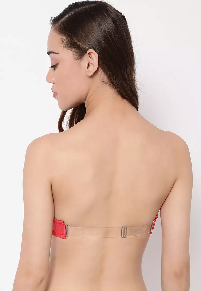 Clovia Invisi Padded Underwired Full Cup Strapless Balconette Bra in Red with Transparent Straps & Band