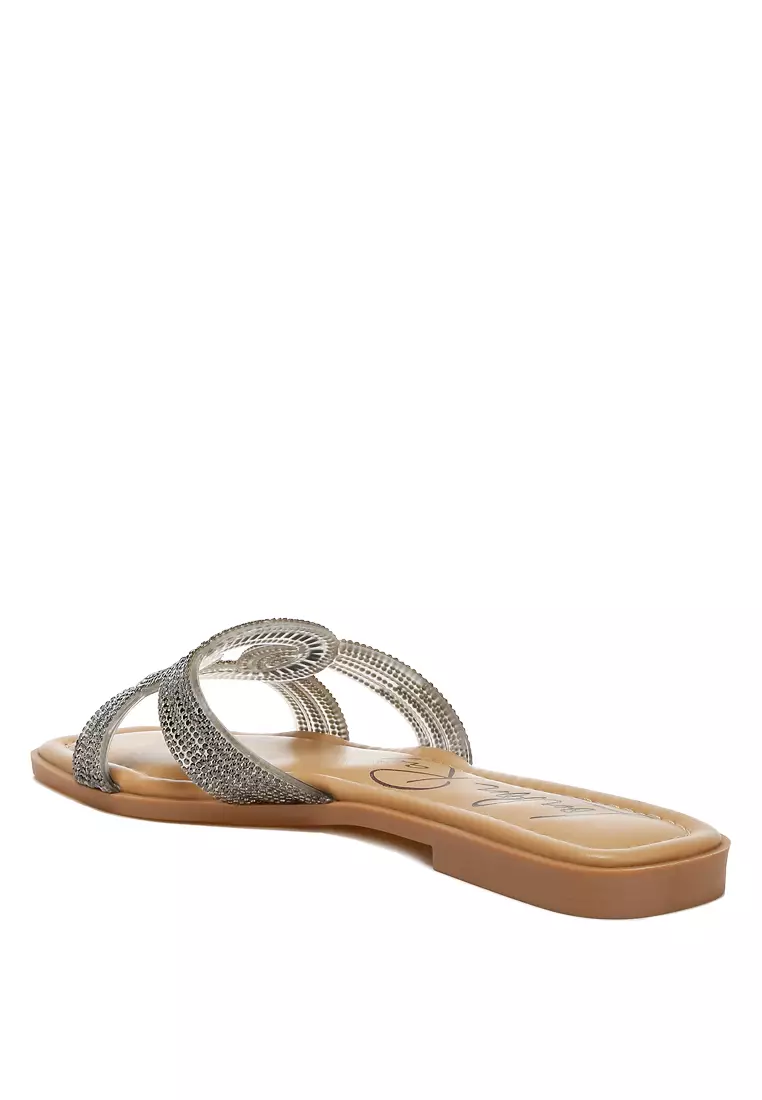 Rhinestones Embellished Flat Sandals in Black