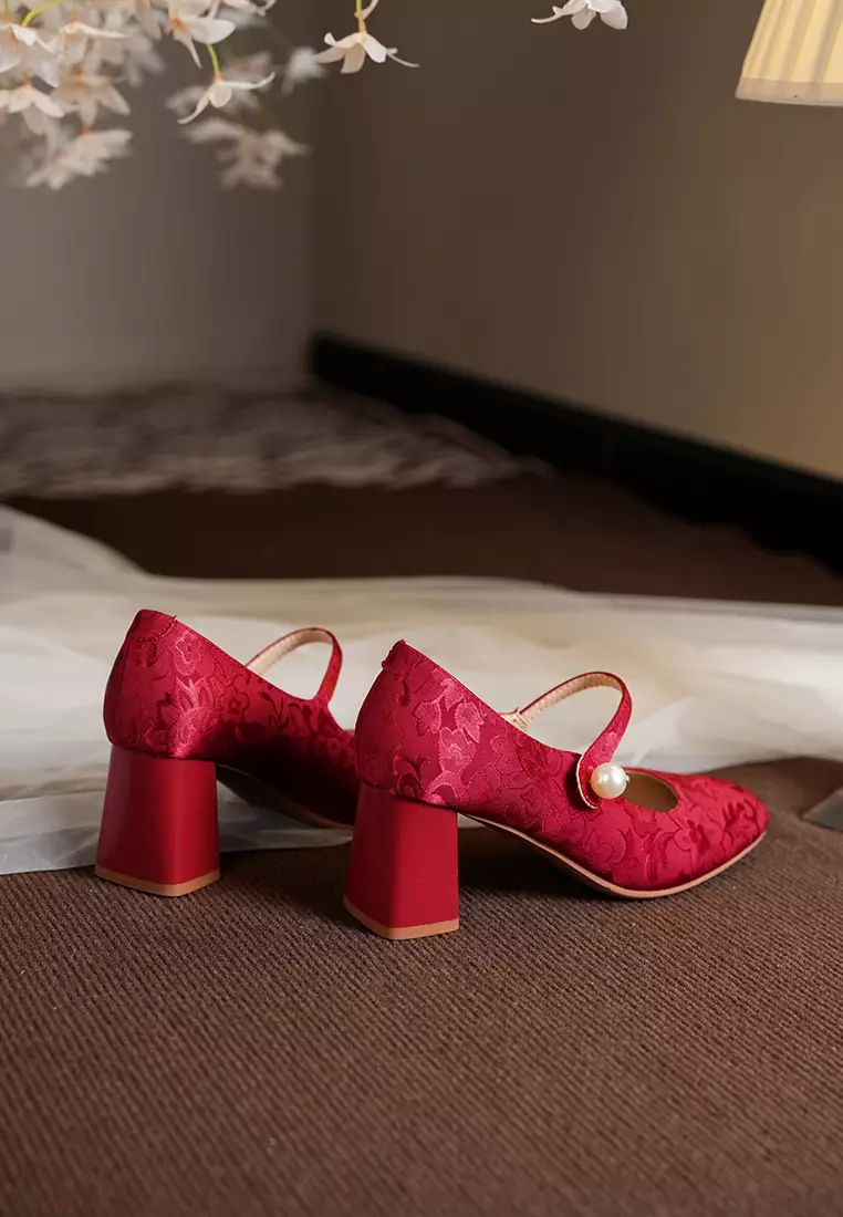7CM Pearl Strap Cotton Print Mary Jane Shoes BY664-58