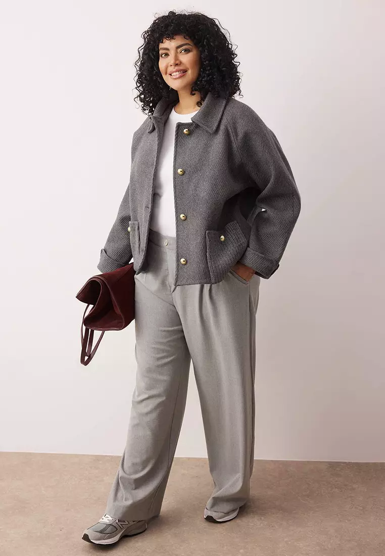 Gray Regular Fit Cashmere Slim Plus Size Coat