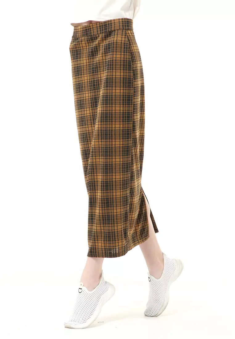 Malina Rok Span Tartan Bawahan Wanita All Size Motif Kotak High Quality - Caramel