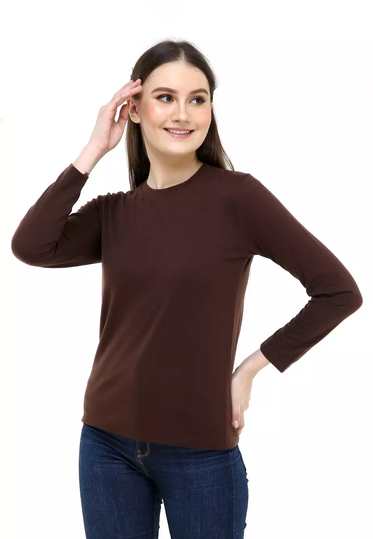 Seth Tshirt Long Sleeve Motif Polos Design Simple Atasan Wanita - Coklat