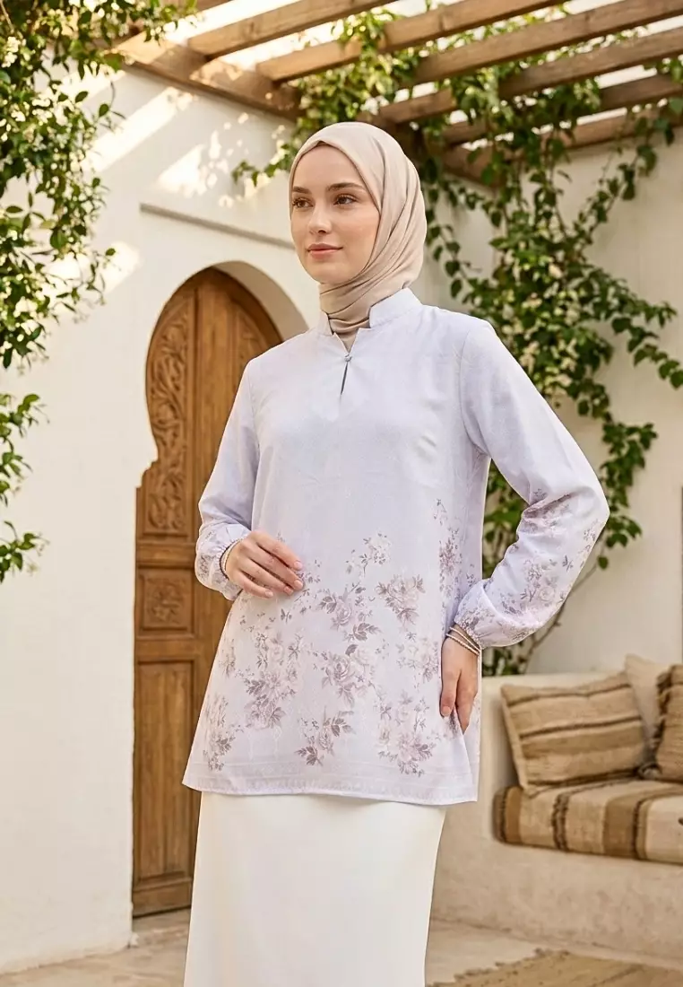 Floral Blouse Sifon With V neck In Soft Blue By Brilliant Girl Warna BIRU