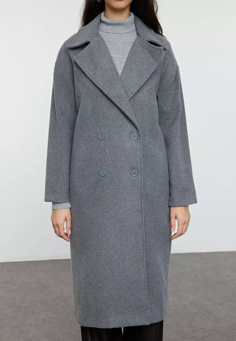 Gray Oversize Wide Cut Long Wool Cashmere Coat TWOAW21KB0038