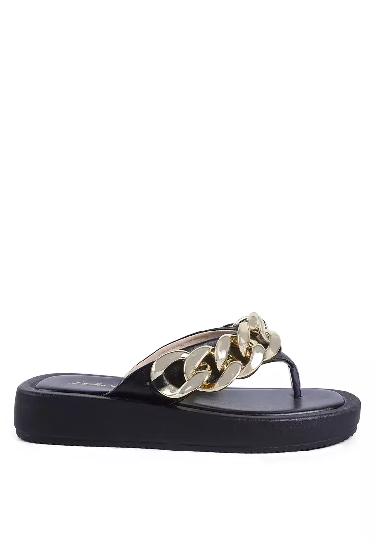 London Rag Black Gold Metal Chain Thong Sandals 2024, Buy London Rag  Online