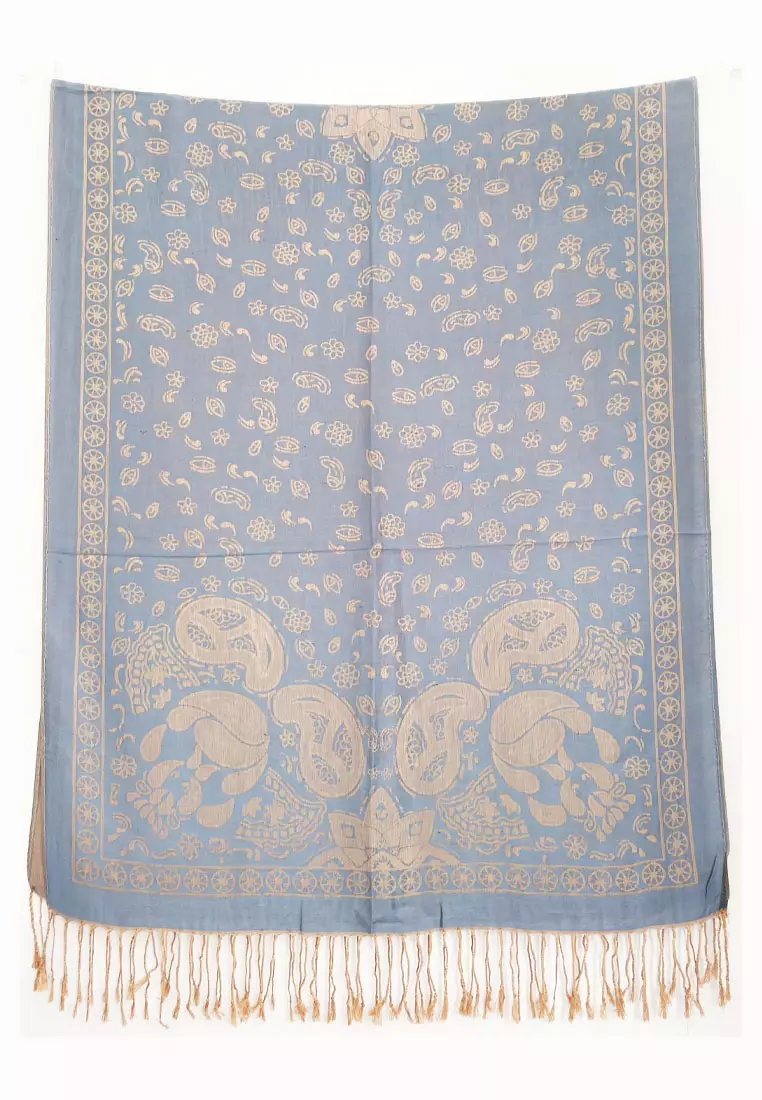 Reversible Viscose Paisley Pattern Skull Pashmina Shawl Syal Wanita Denim Blue