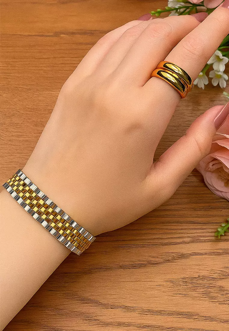 Brick Dual Tone Gold Layered Stainless Steel Bracelet