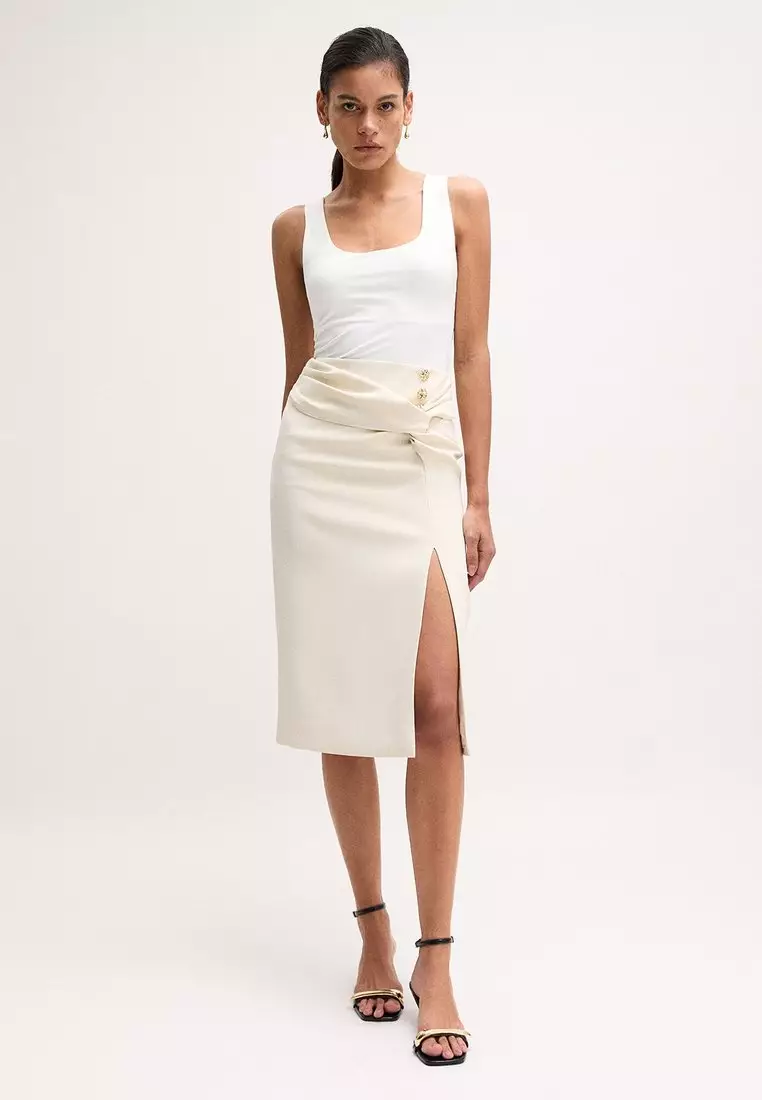 Draped Button Skirt - Ivory