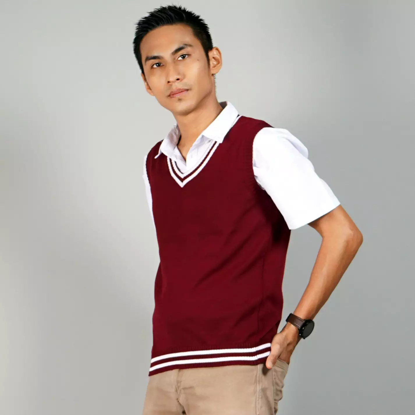 VICKO Rompi Marun List Putih Rompi Seragam SD Rompi Rajut Marun - MARUN