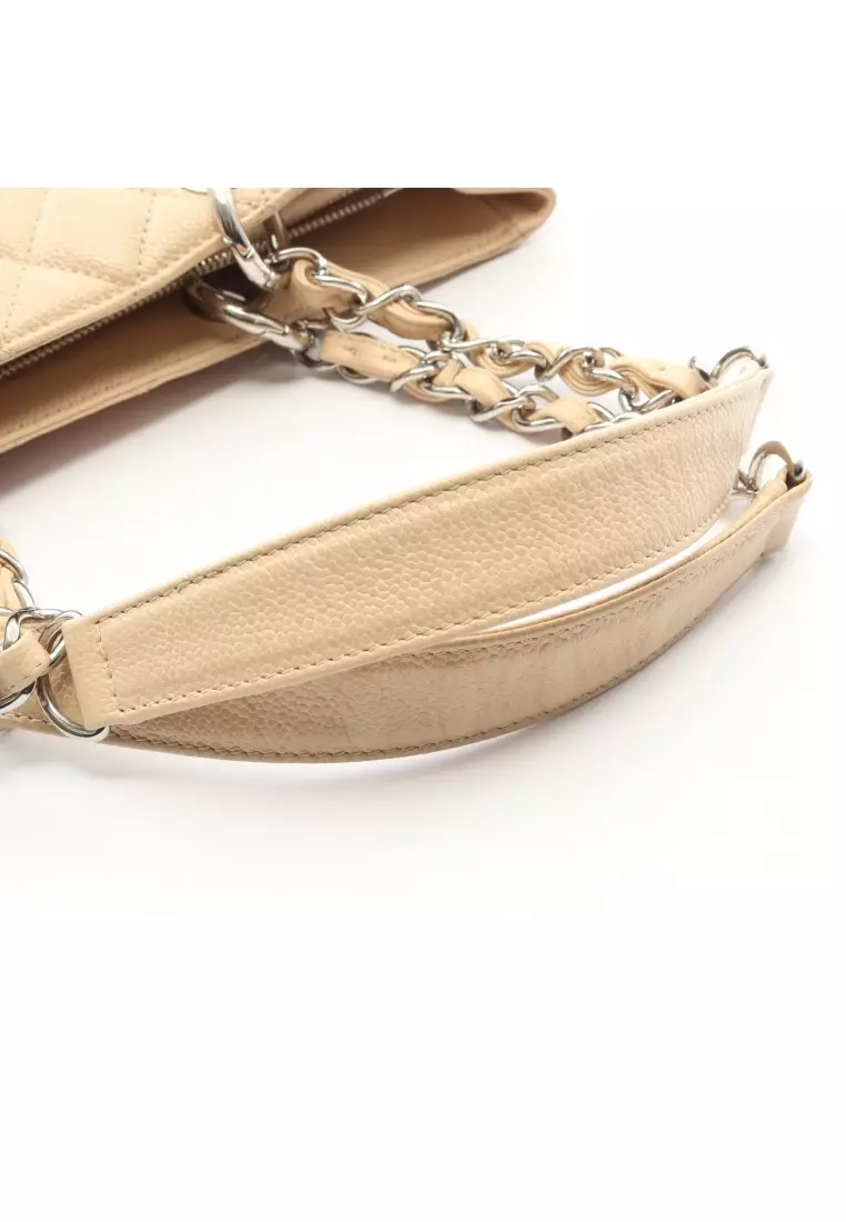 Pre-Loved Chanel matelasse grand shopping GST chain shoulder bag chain tote bag Caviar skin beige silver hardware