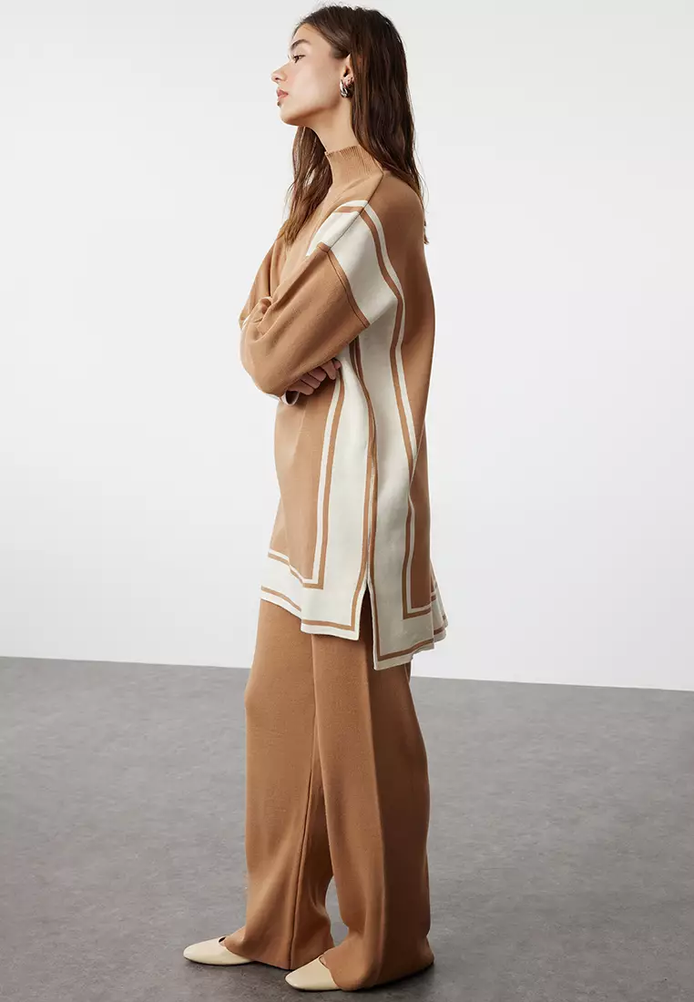 Camel Relaxed Cut Knitwear Striped Tunic-Pants Bottom-Top Set TCTAW24US00057