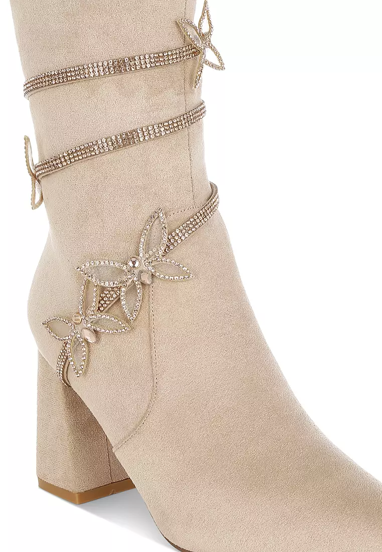 Rhinestone Brooch Wrap-Around Boots In Beige