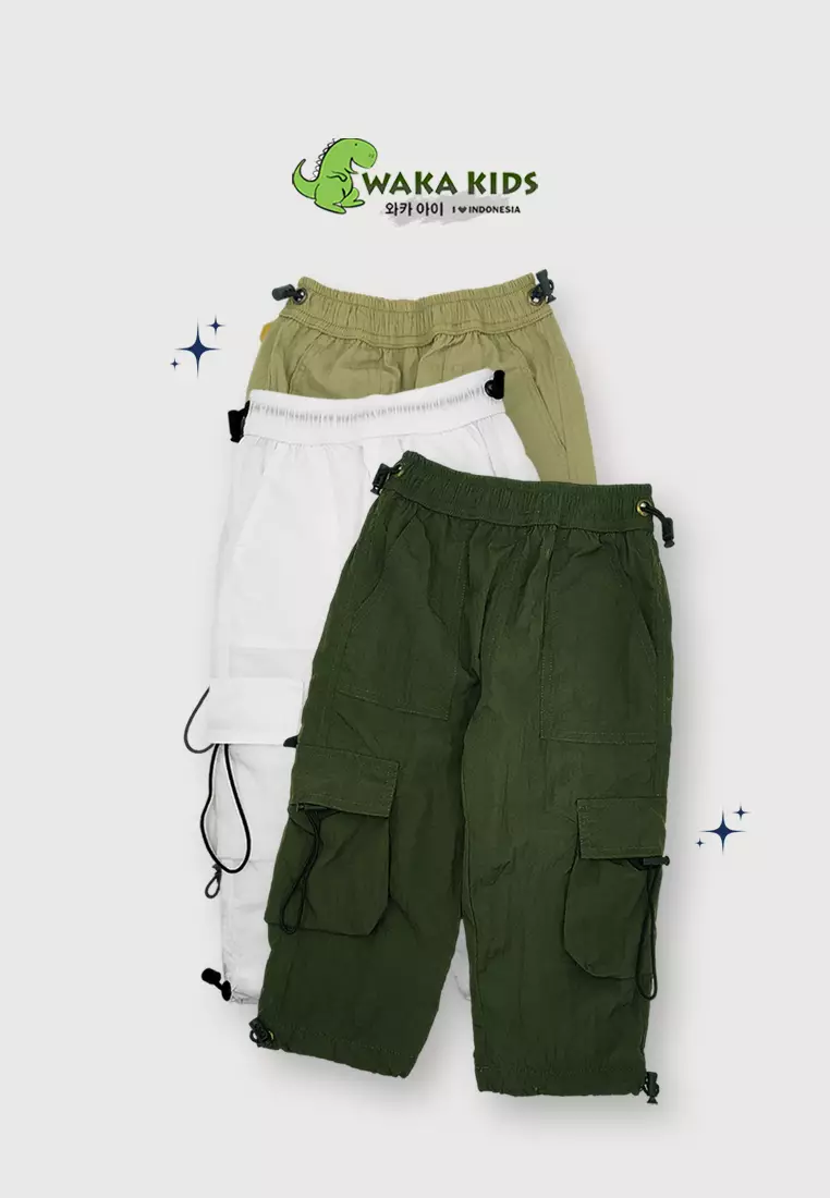 Wakakids Celana Panjang Anak Unisex Cargo Pants Serut Jogger Parasut 055 Vench Putih