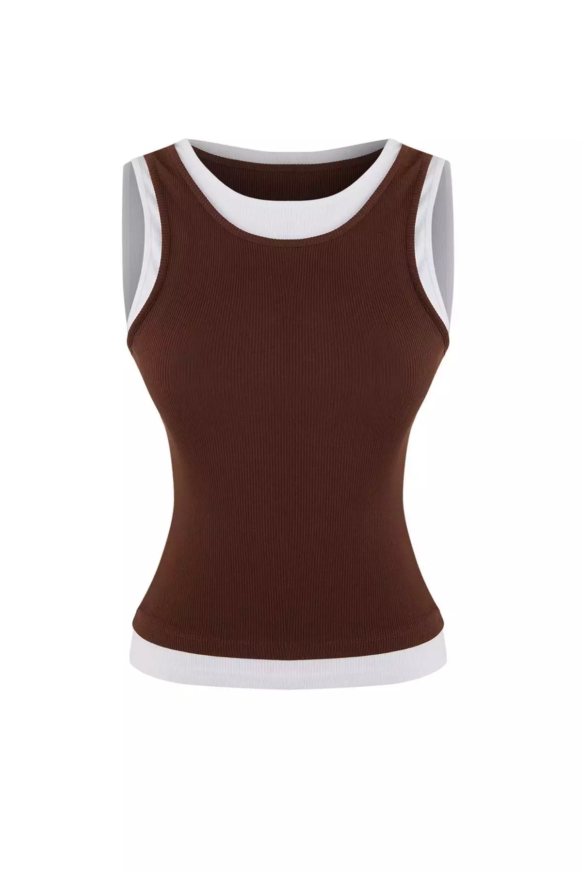 Wardrobe Essentials-Brown Fitted/Sleeveless Ribbed Stretch Knit Tank Top Twoss26Al9