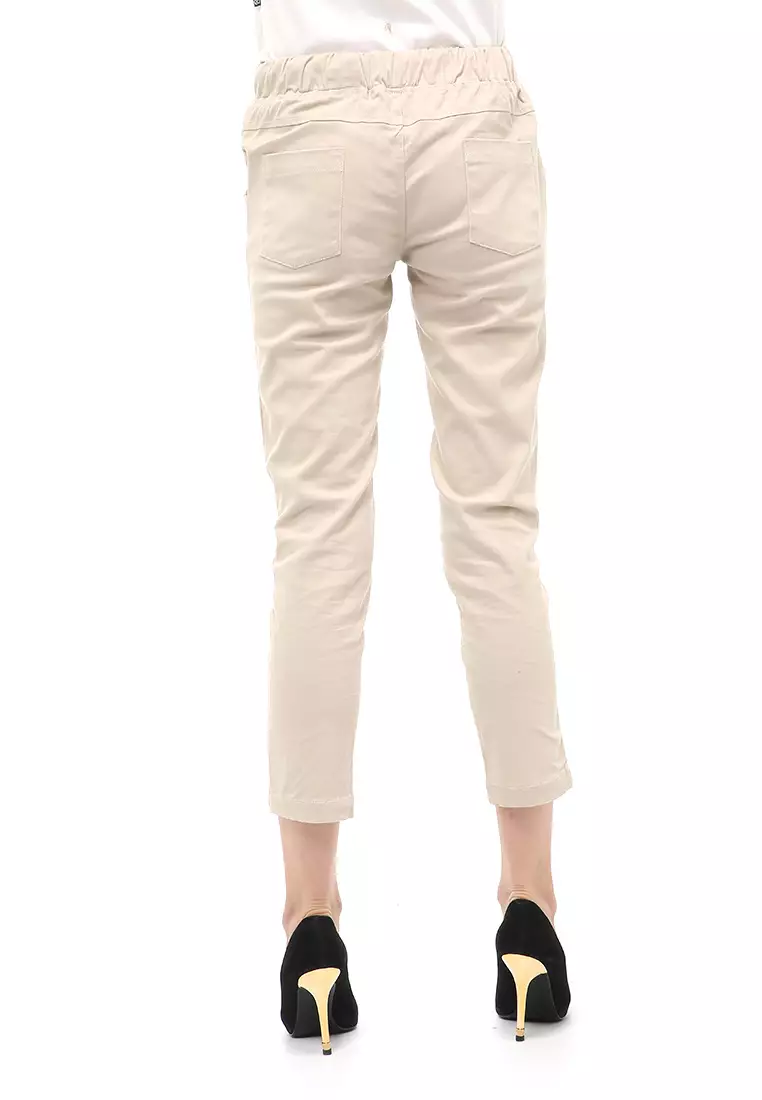 Long Pants Wanita Motif Solid Rubbery Waist Design Casual Regular Fit - Cream