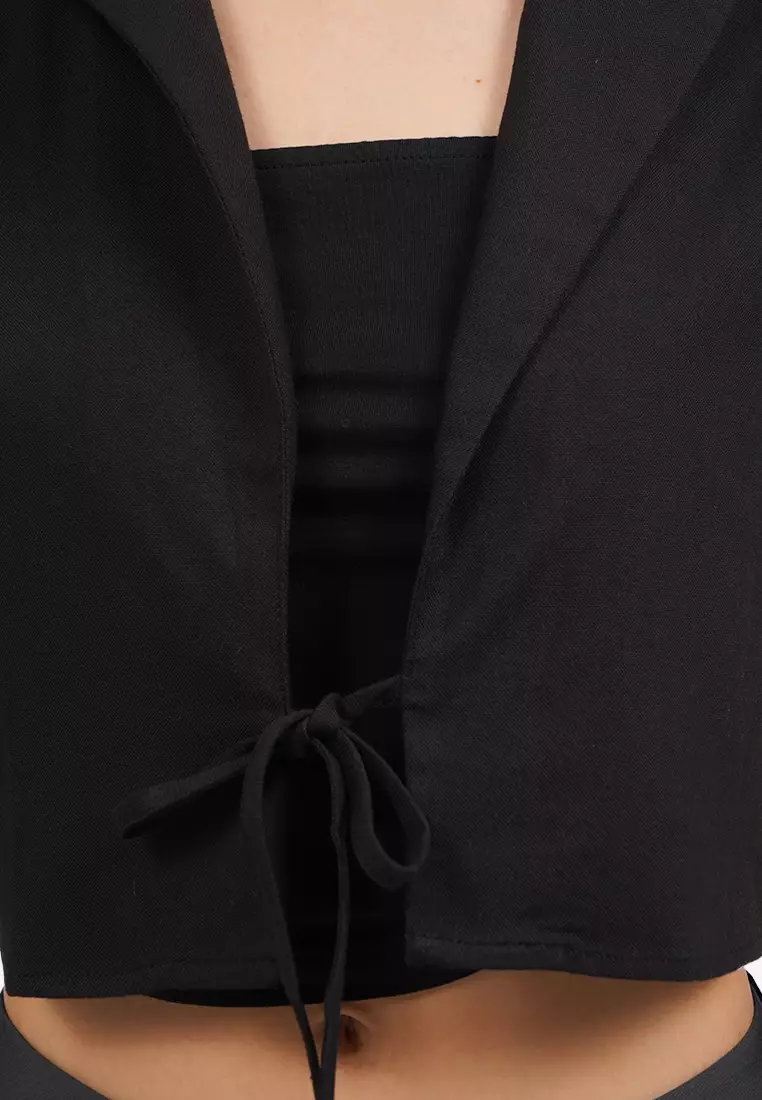 Front Tie Short Sleeve Crop Blazer