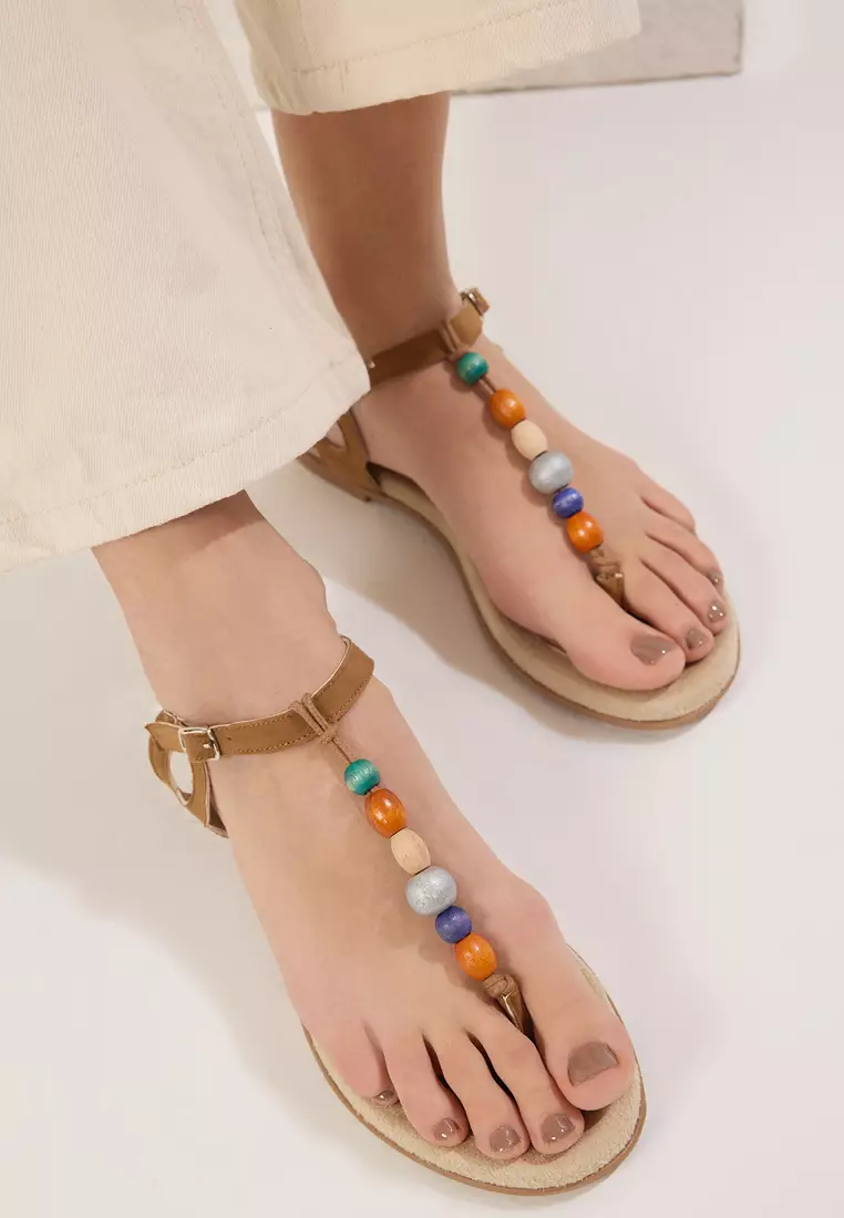 Brown Bead Detailed Women's Flip Flops Sandals Takss25Sd00029