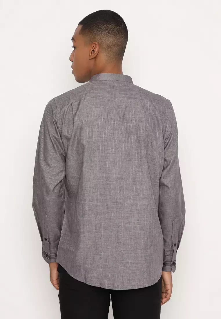 RBJ Kemeja Koko Border Abu Regular Fit Lengan Panjang Pria