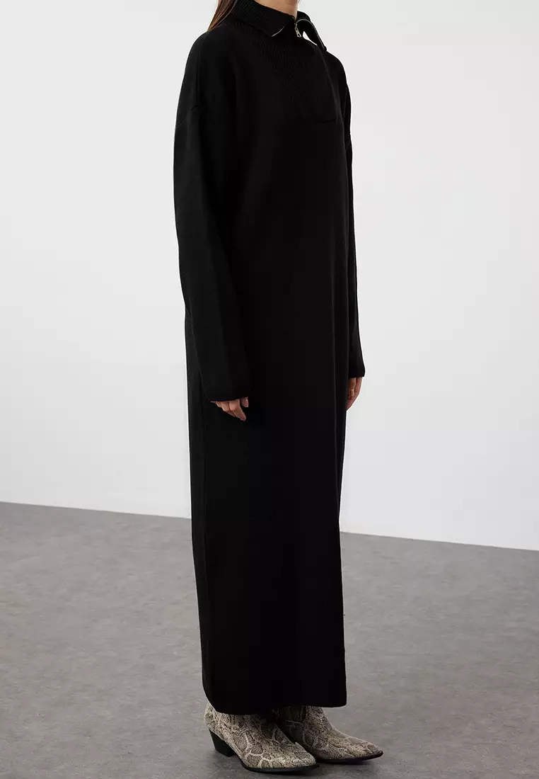 Black Comfortable Fit Basic Knitwear Dress with Zipper Collar TCTAW25EB00013