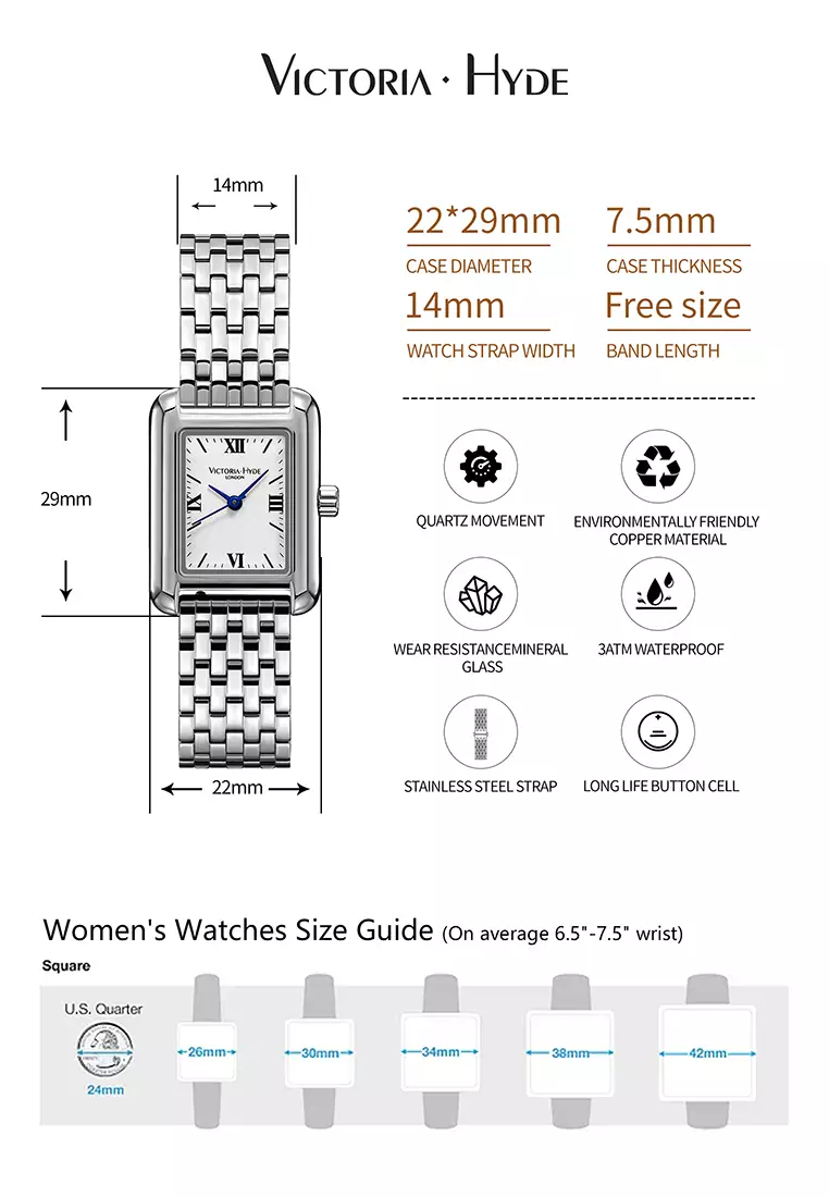 Retro 女士长方形手表22*29mm 簡約经典 不銹鋼表帶長度可調 藍色指針 生活防水-銀色