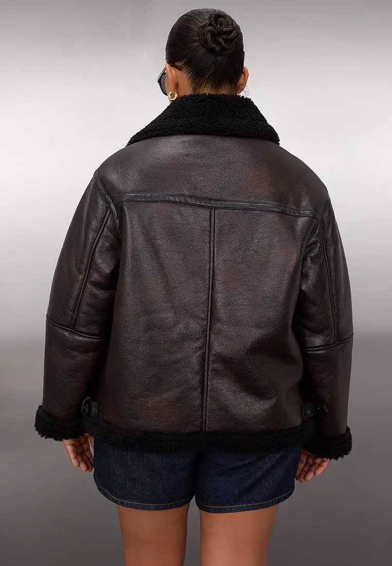 Brown Regular Fit Faux Leather Biker Coat with Fur Detail TBBAW25AW00001