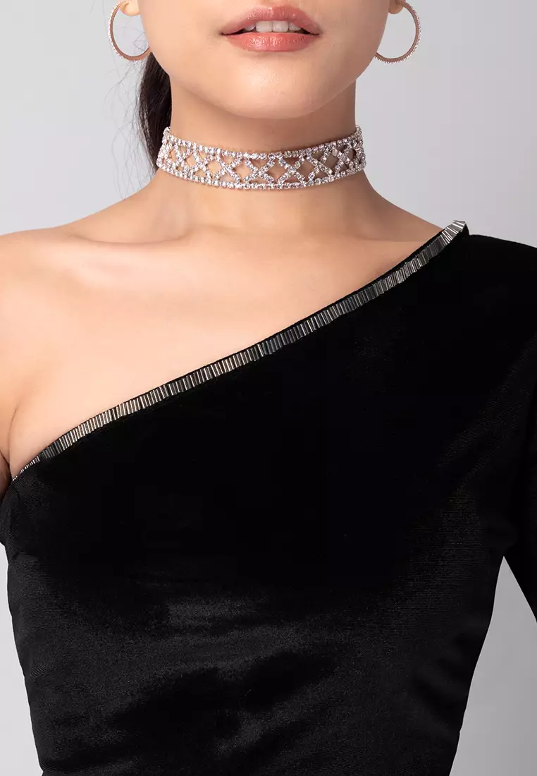 FabAlley Black Velvet Embellished One Shoulder Top And Mini Skirt Co-ord Set