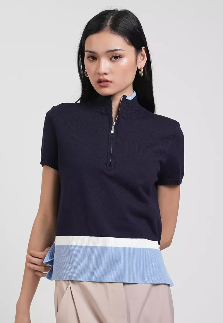 Buy Apple & Eve Catherine Colorblock Collared Zip Knit Top 2026 Online ...