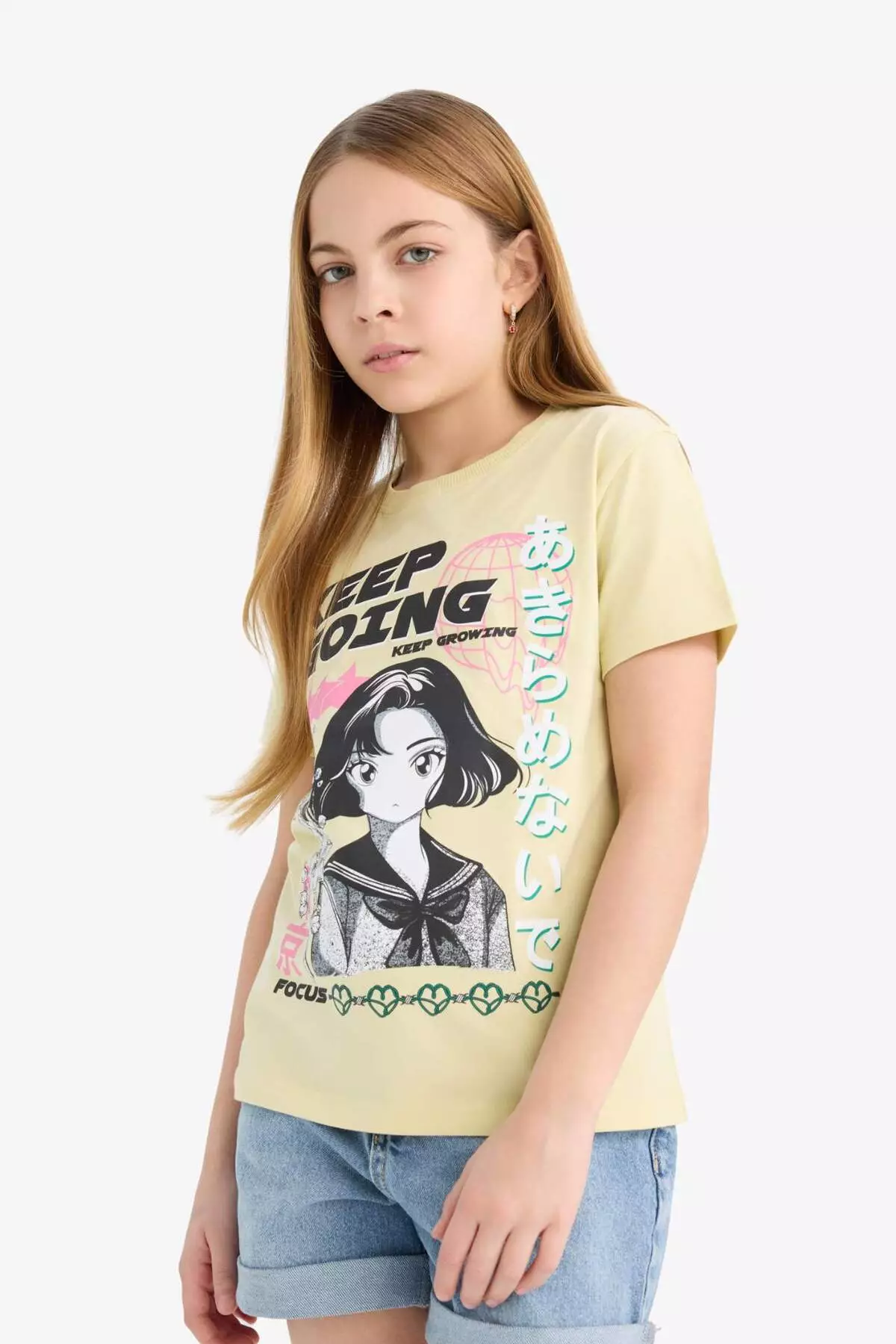 Girl's Crew Neck Anime Printed Short Sleeve T-Shirt E0350A825Sm