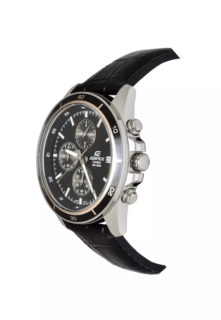 Casio EDIFICE Jam Tangan Pria - Black Silver - Leather Strap - EFR-526L-1AVUDF