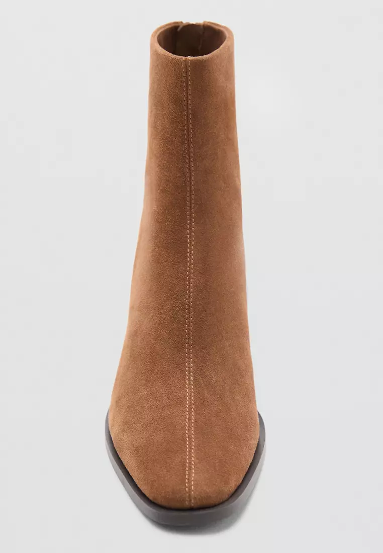Suede Leather Ankle Boots With Block Heel